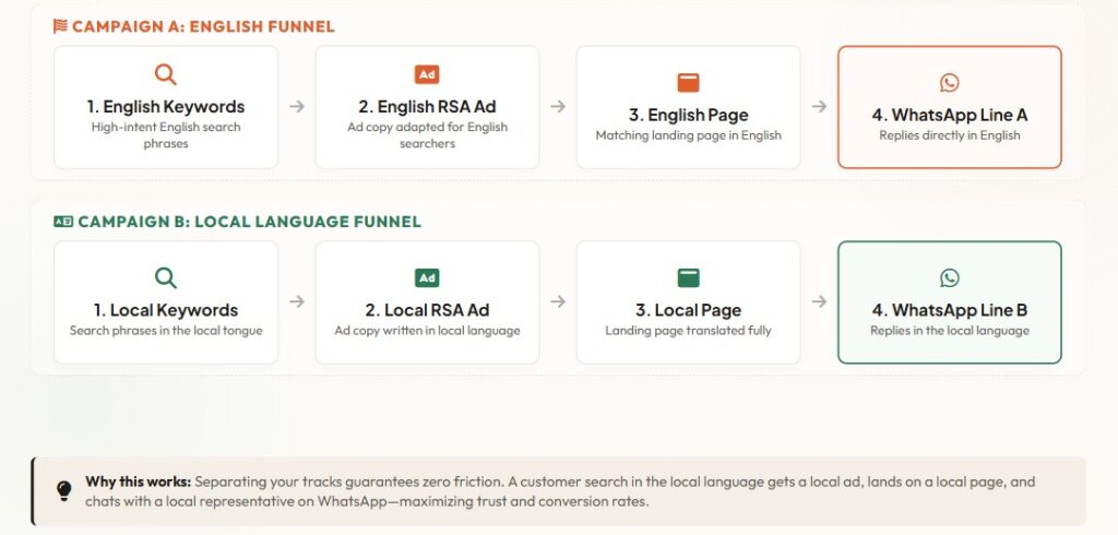 Parallel multilingual campaign funnels for optimal customer experience and ad performance analytics.