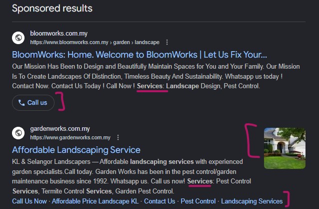 Search Ads from Google showing the use of assets like structured snippet, call, sitelinks.